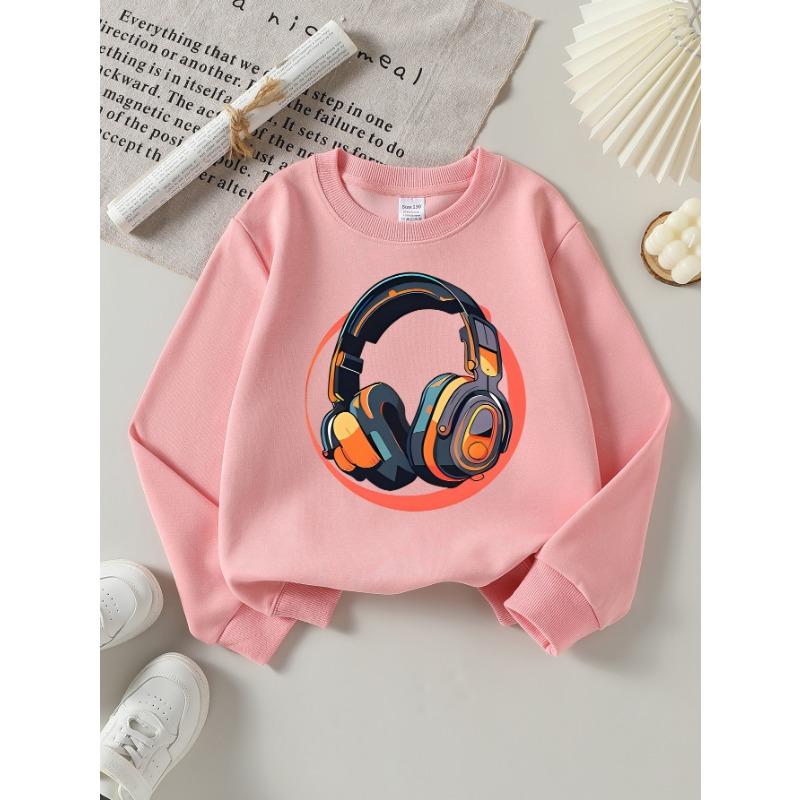 European Sizes Colorful Headphones Music Tech Style Girls' Crew Neck Sweatshirt, Western Top, Long Sleeved, Casual for Little Girls.