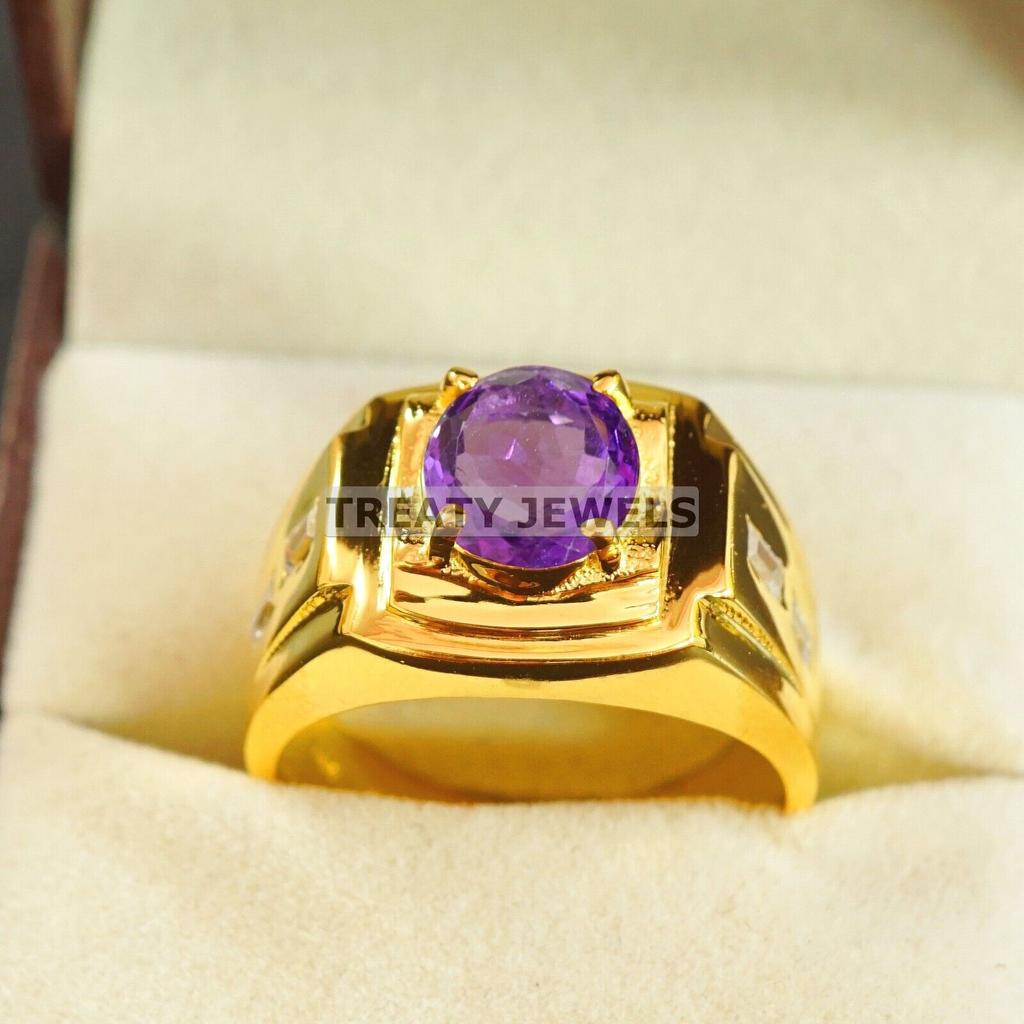 Amethyst Oval Cut With 925 Sterling Silver Gold Plated Ring For Men's #A676 JL375658847179