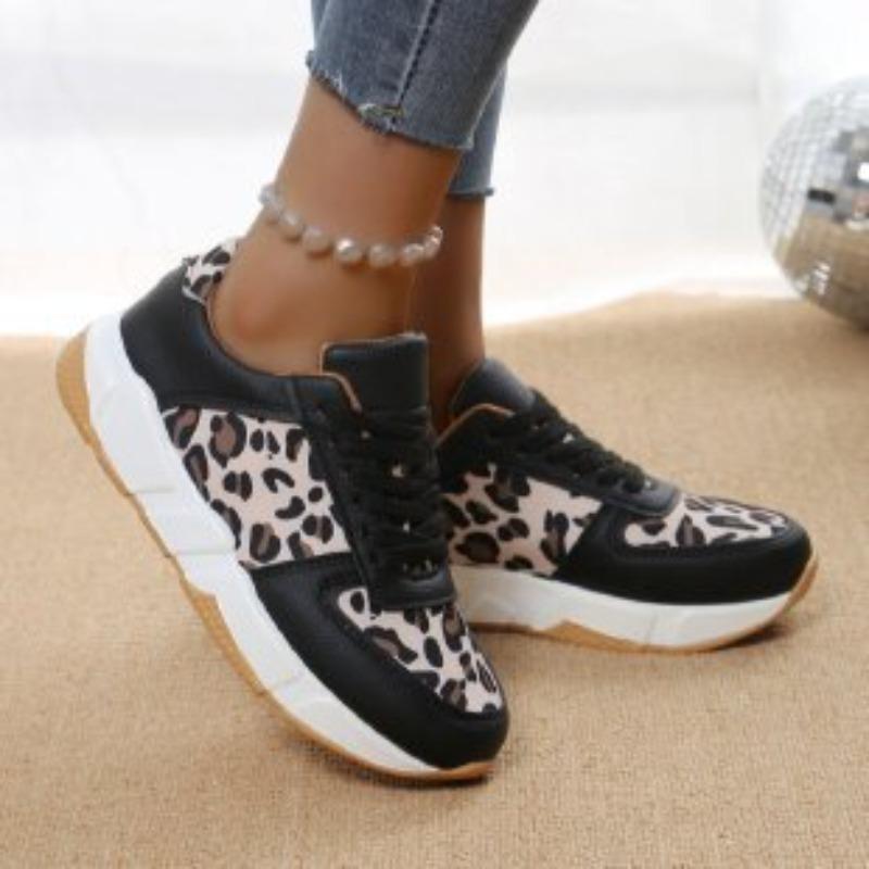 Große Schnür-Freizeitschuhe – Neue klobige Sohle, runde Spitze, Low-Top, Leopardenmuster, Sportliche Sneaker für Damen