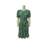 Women Summer O Neck Short Sleeve Lace Up Green Pleated Print Floral Dress