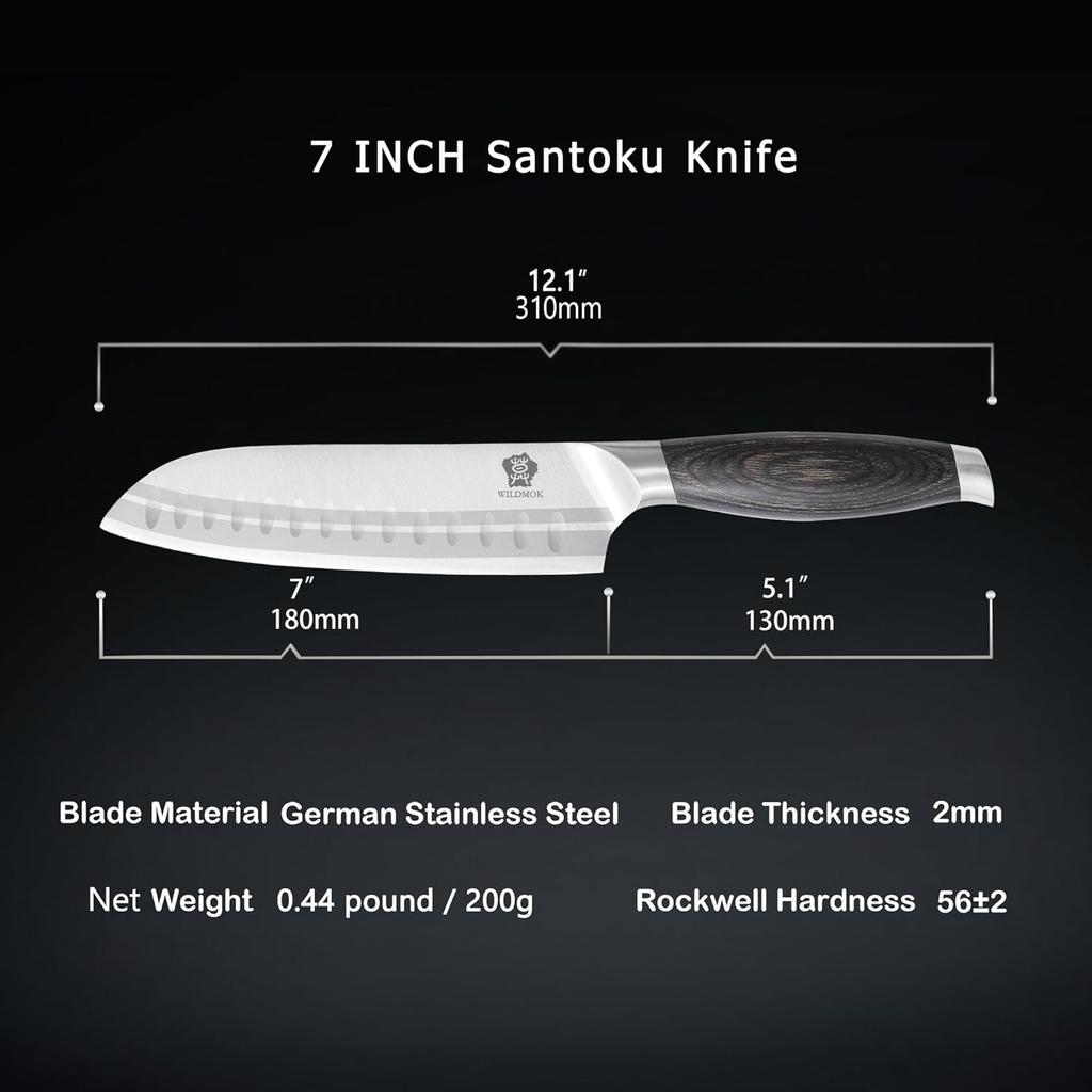 WILDMOK 7 Inch Stainless Steel Santoku Kitchen Knife with Black Pakkawood Handle 2025 Japanese Style