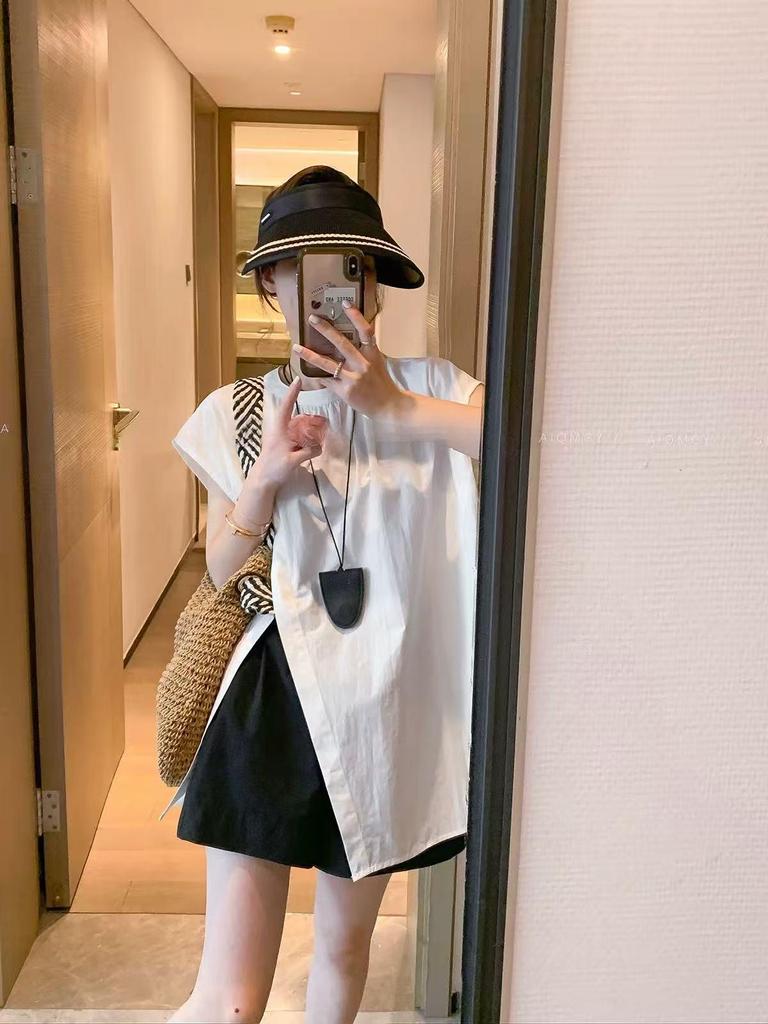 White Design Short-sleeved Irregular Shirt Blouse New Women's 16-year Summer Split-ended Blouse