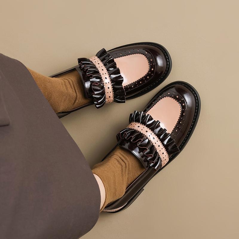 Fashion NEW Spring/Autumn Women Loafers Round Toe Chunky Heel Shoes Split Leather Shoes for Women Slip-on Mixed Colors Sweet Women Pumps