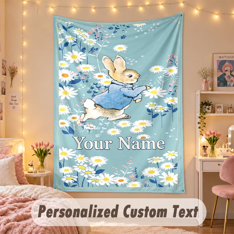 Custom Personalized Tapestry,Peter Rabbit Print Custom Name Text Wall Art Hanging for Bedroom
