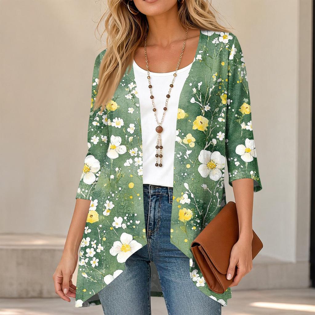 Women's Vintage Floral Print Three-Quarter Sleeve Lightweight Cardigan for Casual Daily Wear