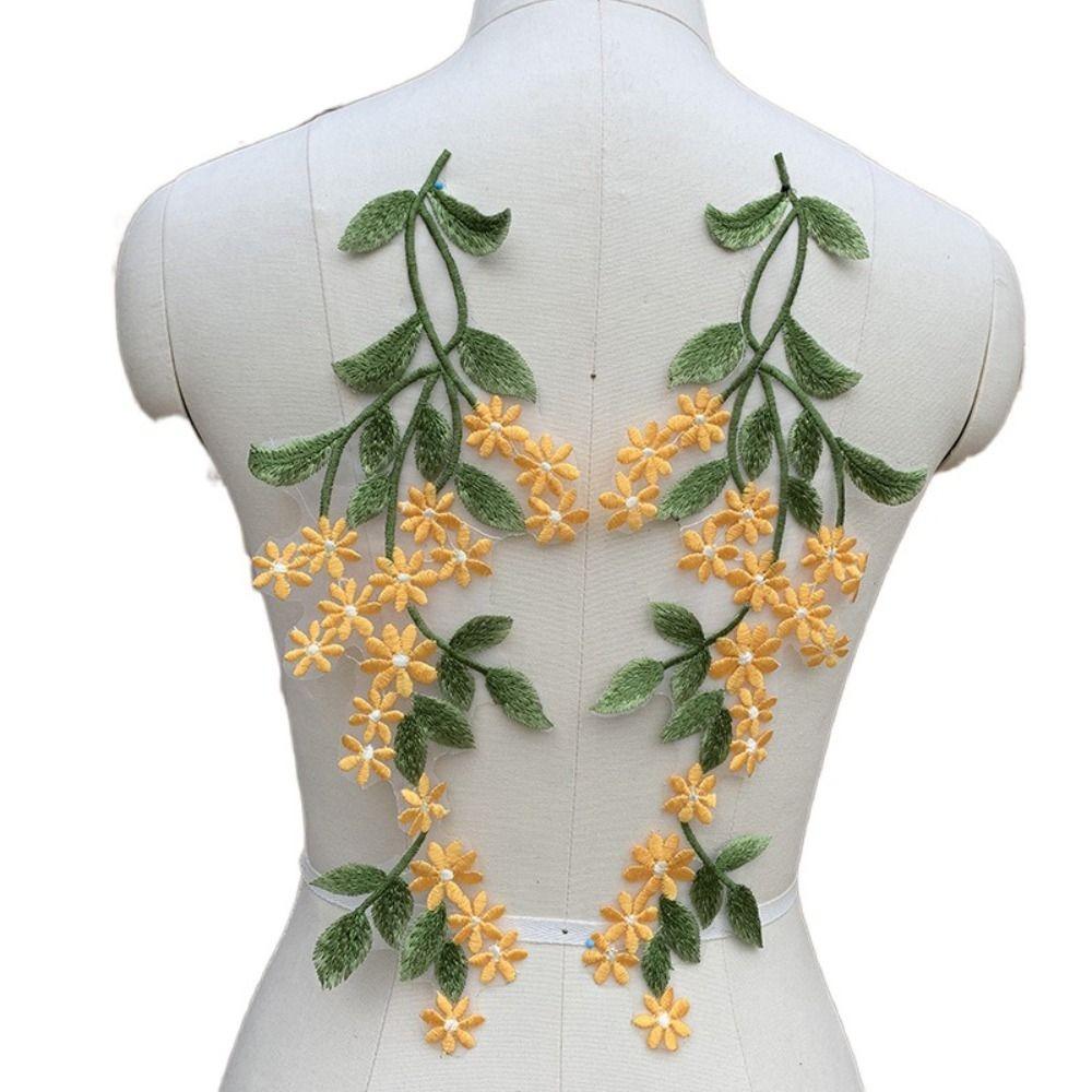 2 Stück Grüne Blatt-Gänseblümchen-Blumen-Bestickte Aufnäher Elegante Exquisite Kleidung Applikation Vintage Kleidung Aufnäher Nähen
