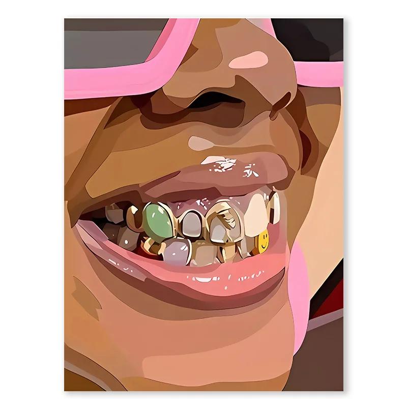 Pink Nail Art Gold Teeth and Necklace Poster Black African Woman Personalized Trendy Canvas Painting Bedroom Frameless Wall Art