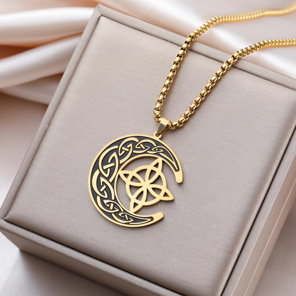 Teamer Crescent Witch Knot Charms Pendant Necklace For Woman Man Vintage Viking Celtics Jewelry Valentine Gift  New In