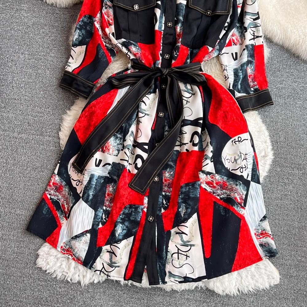 Sukienka koszulowa Vintage Autumn Lapel Collar Wysokiej jakości damska jednorzędowa czerwona kwiatowa z nadrukiem Patchwork sznurowany pasek luźne ubrania