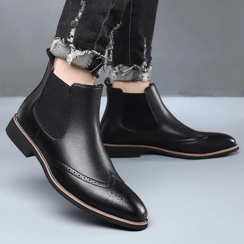 Men's British Style Vintage Brogue Chelsea Boots Soft Sole High Top Pointed Toe Leather Work Dress Shoes