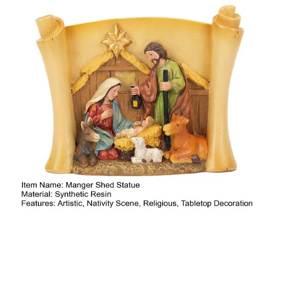 Christmas Manger Shed Statue Religious Nativity Scene Resin Stable Creche Figurine for Xmas Tabletop Decoration