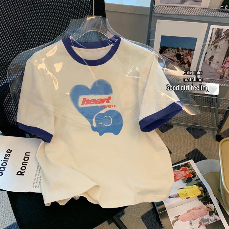 

Женская хлопковая футболка с принтом сердец контрастного цвета - Короткий рукав, Свободный крой, Круглый вырез, Коллекция Лето 2023