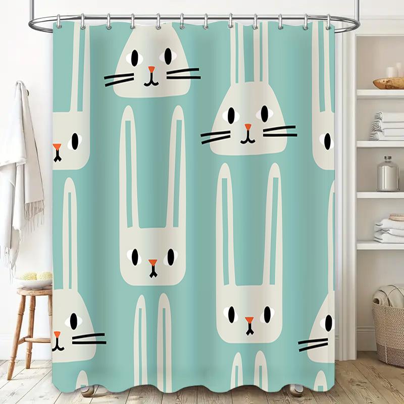 Adorable bunny print shower curtain for bathroom decoration washable fabric, waterproof design suitable for home use.