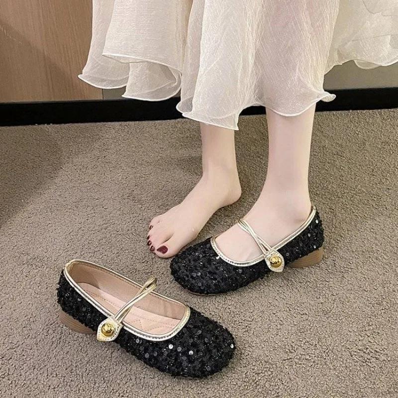 Fashion Shoes for Women Round Toe Black Net Cloth Sequins Cheap Clearance High Quality Fashion Summer 2025 Vacation Shallow Woman Flats