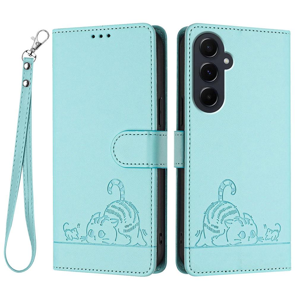 Für Samsung Galaxy A55 5G Hülle mit Riemen RFID-Blockierende Leder-Brieftasche Handyhülle Katze Maus Muster