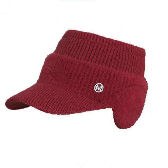 Damen Wintermütze mit leerem Oberteil, Ohrenschutz, kurze Krempe, dicker Plüsch, gestrickte Schirmmütze mit Strass-Buchstaben-Dekor, elastische Kopfbedeckung für den Alltag