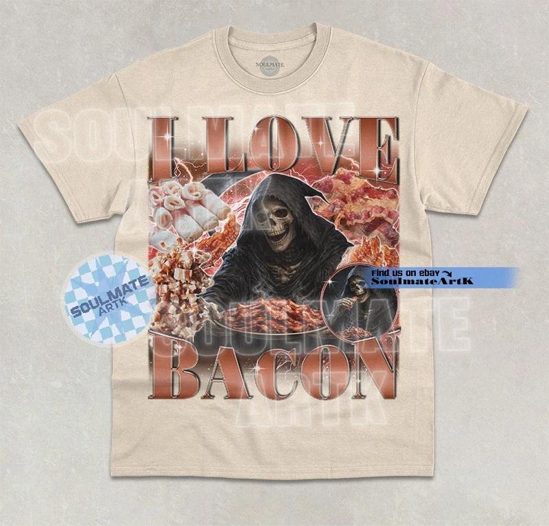 I Love Bacon T- Shirt Funny Skeleton Bacon Lover Bootleg Graphic Unisex Shirt 4XL