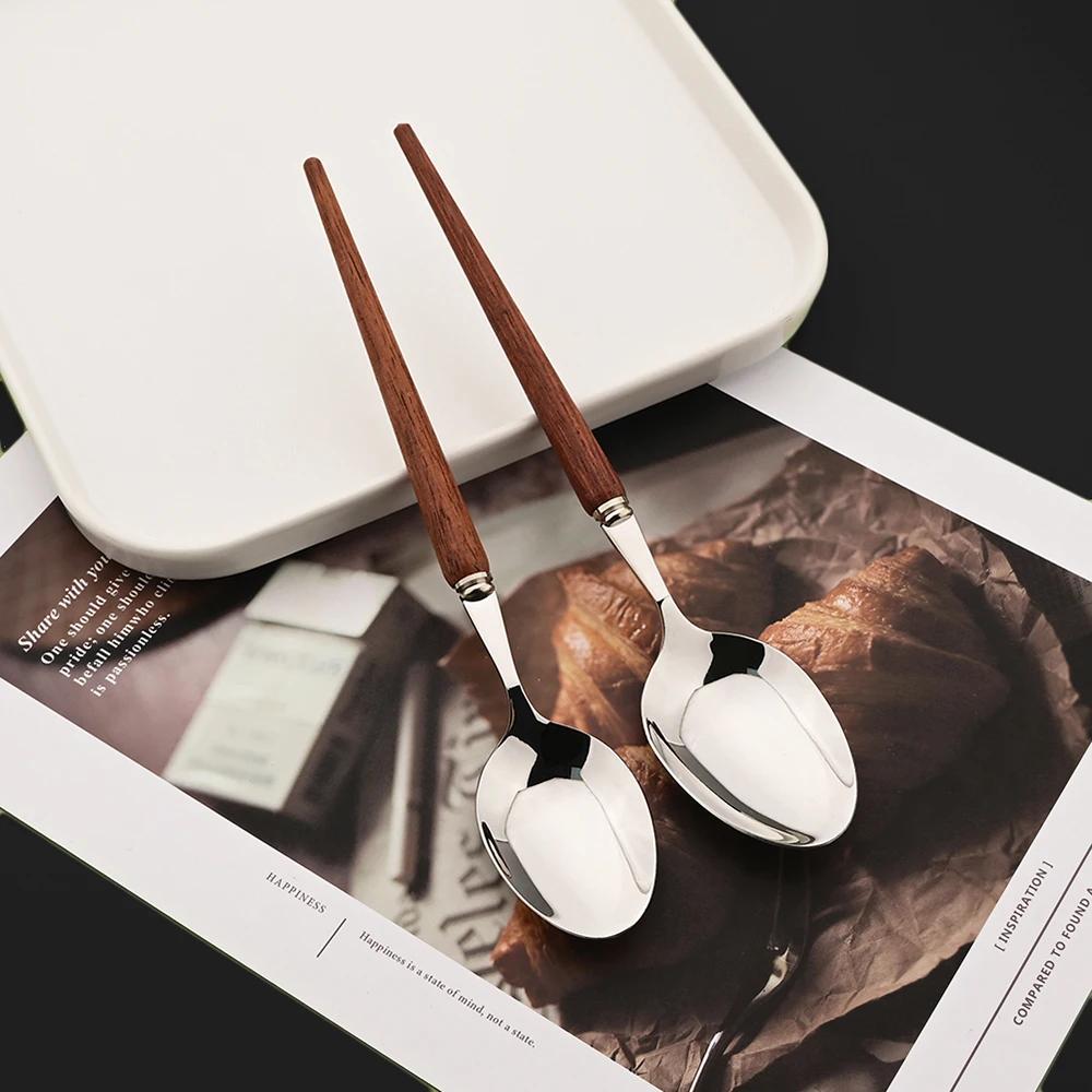 4/20Pcs Imitation Wooden Handle Cutlery Set Brown Silver Dinnerware Set Knife Fork Spoons Tableware Stainless Steel Flatware