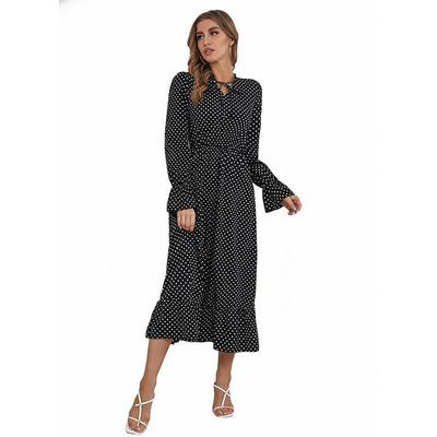 Flower Print Long Sleeve Bow High Waist Dress Women Spring Elegant Dress Vintage Summer Midi Dress