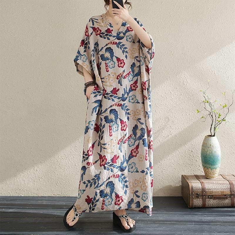 Johnature Woman Spring Casual V-Neck Vintage Print Dress Fashion Chinese Style Short Sleeves Dress