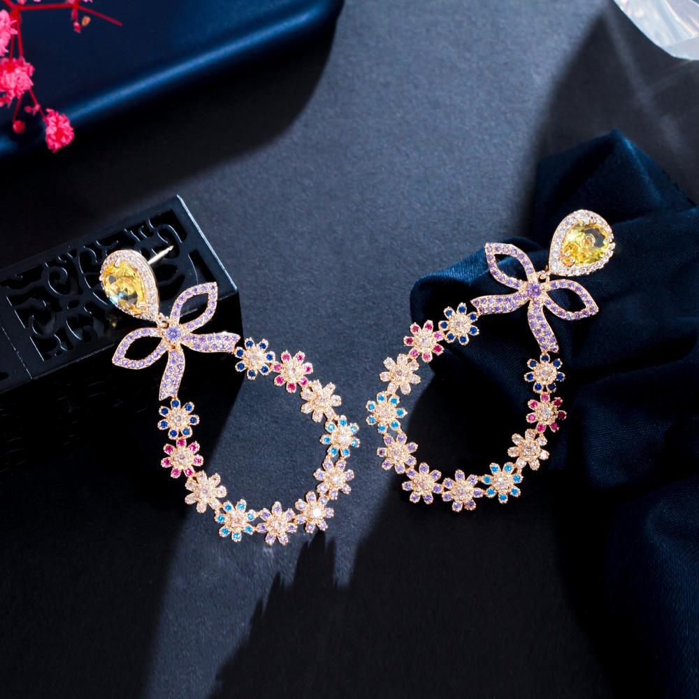 WWJ Graceful Gold Color Multicolor Cubic Zirconia Bowknot Flower Drop Earrings