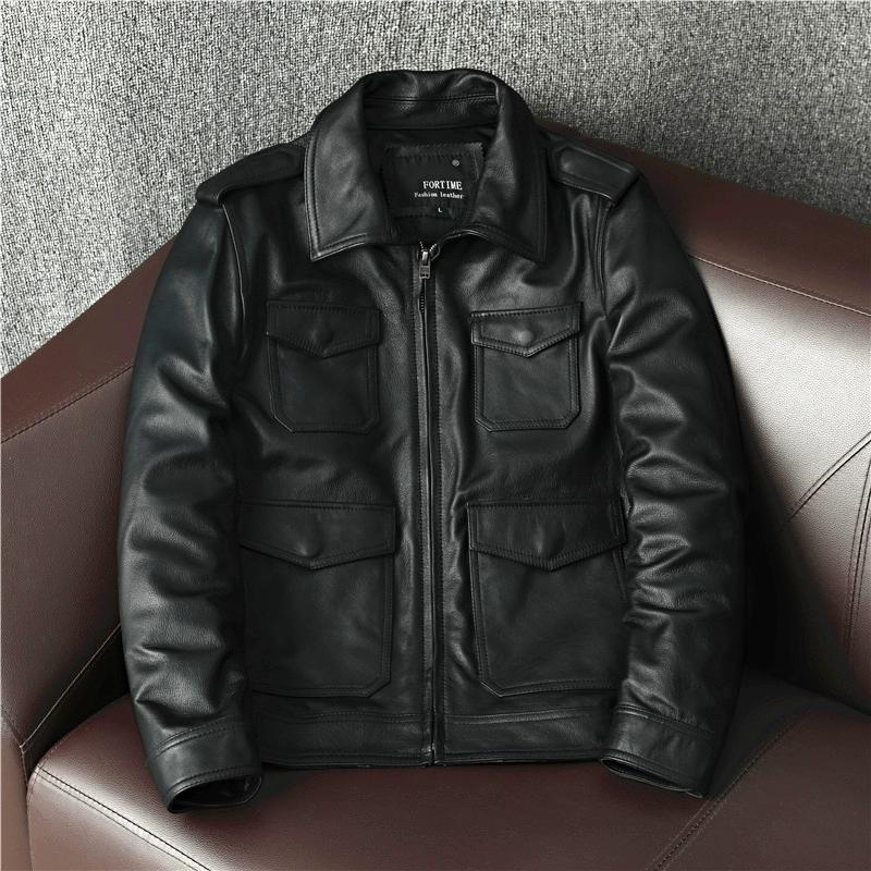 

Куртка байкерская из натуральной кожи короткого стиля с несколькими карманами и лацканами для мужчин S