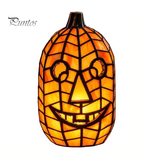 Unique Handmade Art Gift Stained Glass Pumpkin Lamp, Halloween Fall Table Lamp with Warm Glow, Crafted Resin Lantern USB Powered Orange Accent