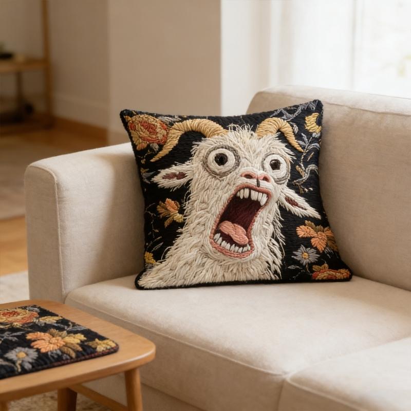 Funny Screaming Goat Throw Cushion Cover Crazy Animal Graphics 2D Flat Printed Decorative Square Pillowcase Decors