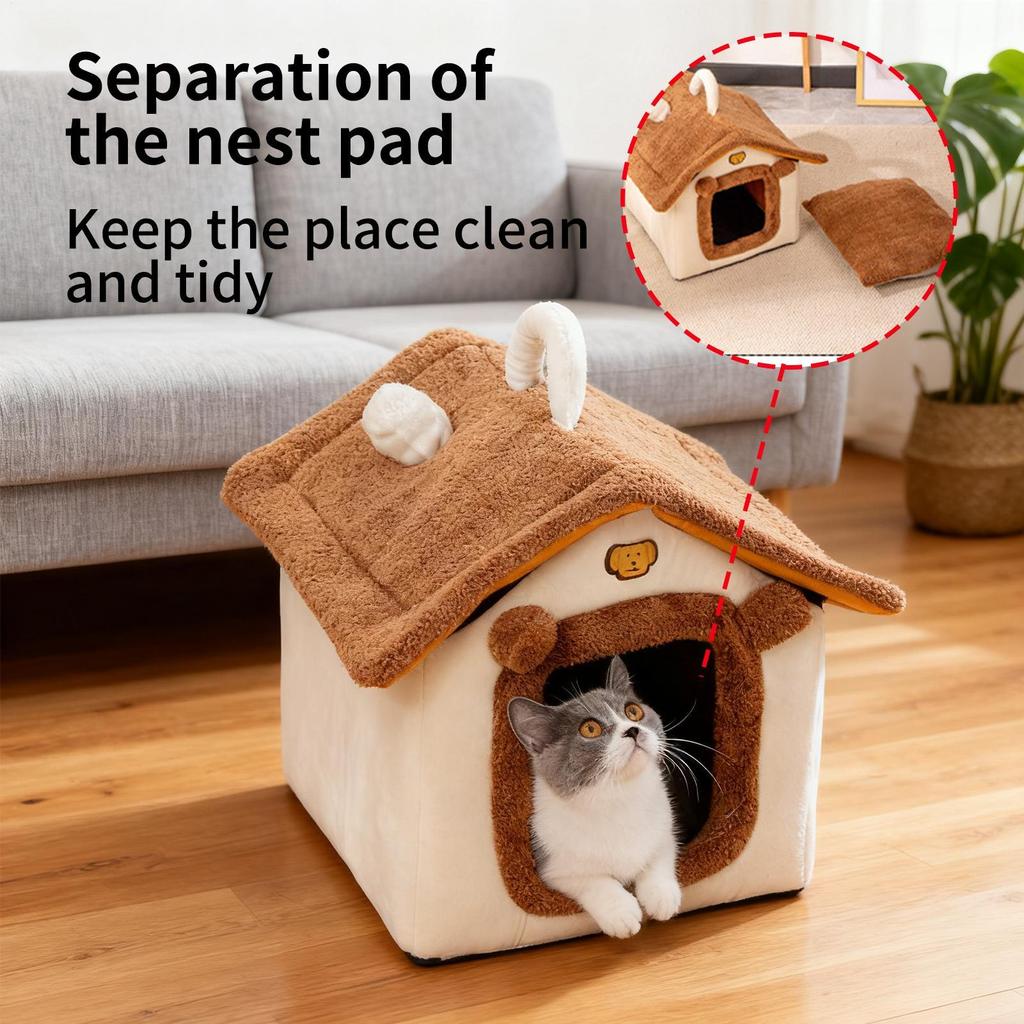 Winter Plüsch Katzenbett mit abnehmbarem Kissen Halbgeschlossener Katzen-Schlafsack Selbstwärmendes Kätzchen-Nest für Schlafzimmer Garage