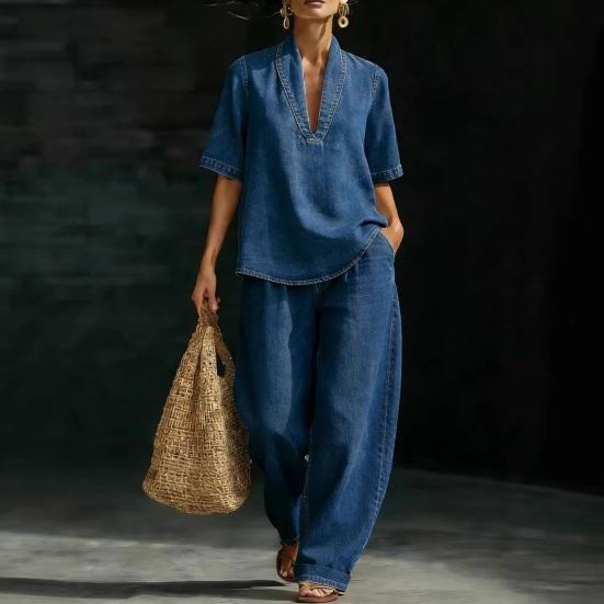 Women's Summer 2 Piece Denim Set Short Sleeve Lapel V Neck Top And Wide Leg Pants Tracksuit Casual Vacation Outfits with Pockets