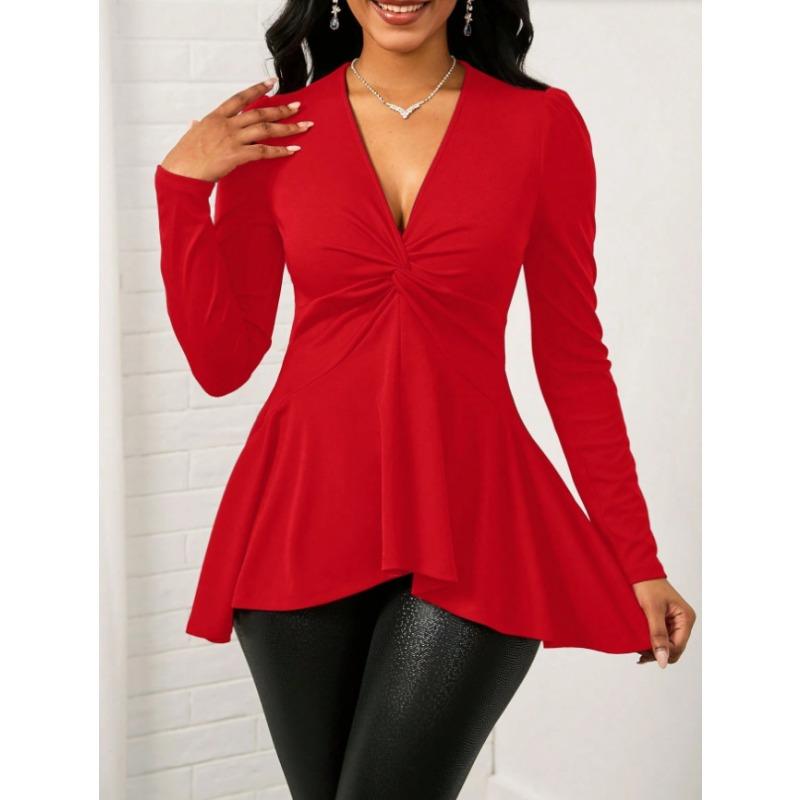 T-shirt da donna S con scollo a V, torsione, tinta unita, manica lunga, top casual