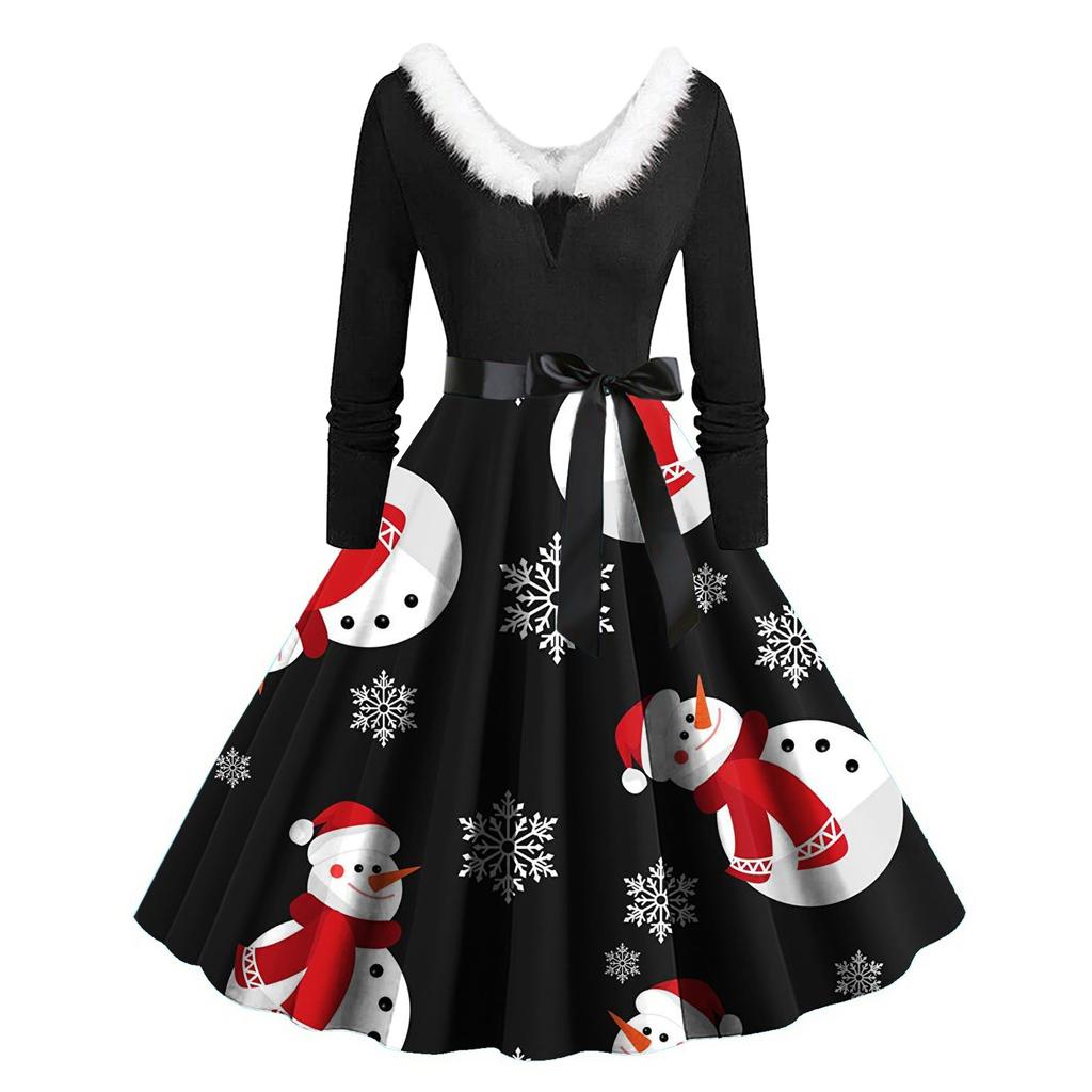 Women's Casual Christmas Print Round Neck Pullover High Waist Long Sleeve Dress