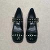 New carved leather Mary Jane shoes women's one-word buckle belt thick heel single shoes small leather shoes ladyshoes