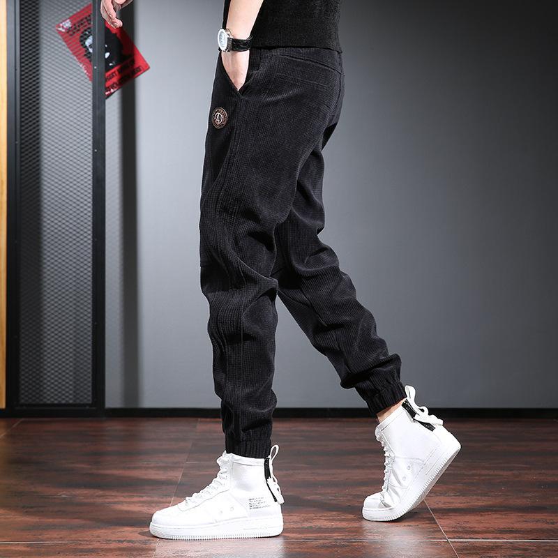 Brown casual pants men's trendy brand loose leggings spring and autumn new plaid corduroy pants men's velvet