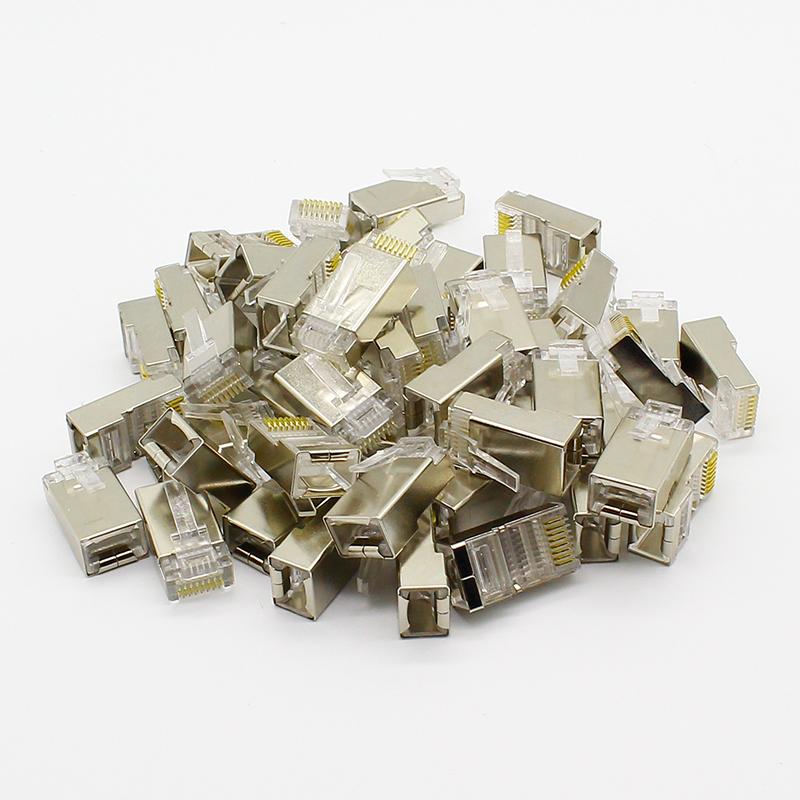 50pcs Rj45 Connector Cat6 Shielded Network Connectors Rj45 Plug 8p8c Terminals for Stp Ethernet Cable Switches Modem