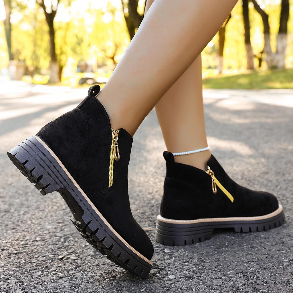 2025 Round Head Side Zipper Martin Boots Short Boots Thick Heel New Autumn and Winter Large Size Women's Short Boots 2025