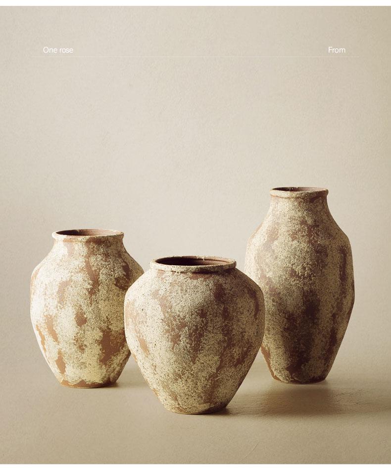 Wabi-Sabi Style Unglazed Terracotta Vase with Floral Design for Retro Living Room or Dining Table Decor