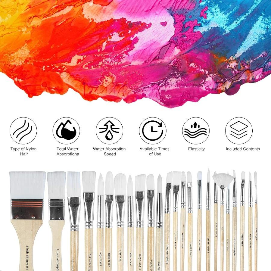 Paint Brushes Set of 24 Pieces Wooden Handles Brushes with Canvas Brush Case Profional for Oil Acrylic and Watercolor Painting