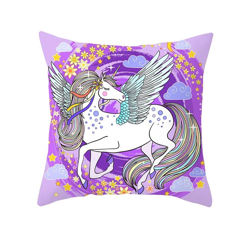 Time Cartoon Home Decor Pillow Purple Unicorn Pillowcase Rainbow Sunrise Sofa Cushion Cover