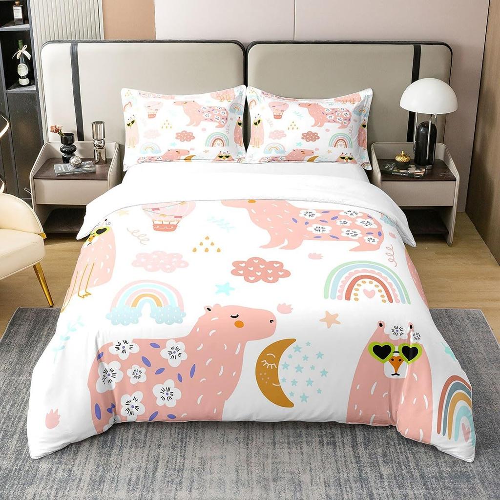 Alpacka Påslakan Queen King Size Tecknad Alpacka Sängkläder Set Lämpligt för Barn Tonårsflickor Sött Djurtryck Täckeöverdrag 3 Delar