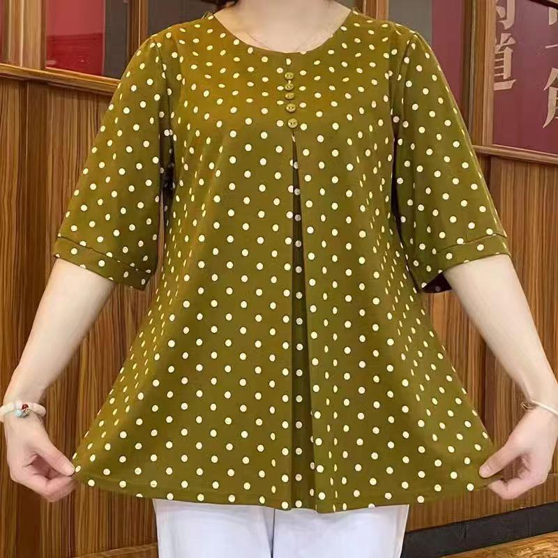 2023 Summer Trendy Mid-Sleeve Polka Dot Round Neck Korean Plus Size Top