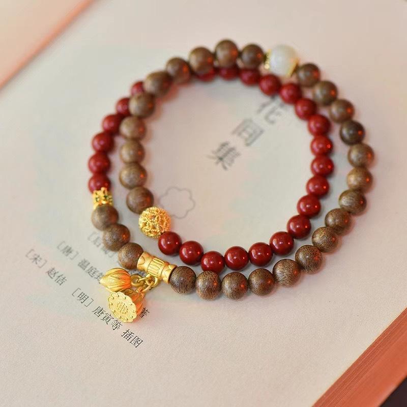

Original design new Chinese style cinnabar round bead double-loop bracelet for women, made of agarwood, a cultural item, Two Lifetimes of Joy Cinnabar and Agarwood Tw