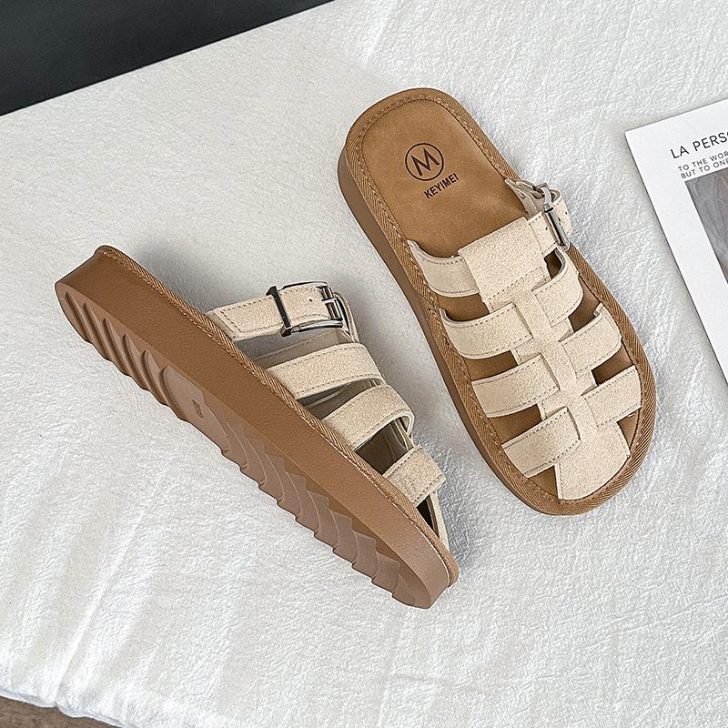 911-5 Woven pig cage baotou half slippers women's 2025 summer new Korean version flat bottom outer wear casual cool slippers women