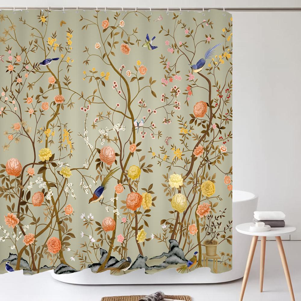 Chinese Flower Bird Shower Curtains Set Printing Waterproof Polyester Leaves Shower Curtains Bathroom Home Decor Mat 180X200Cm