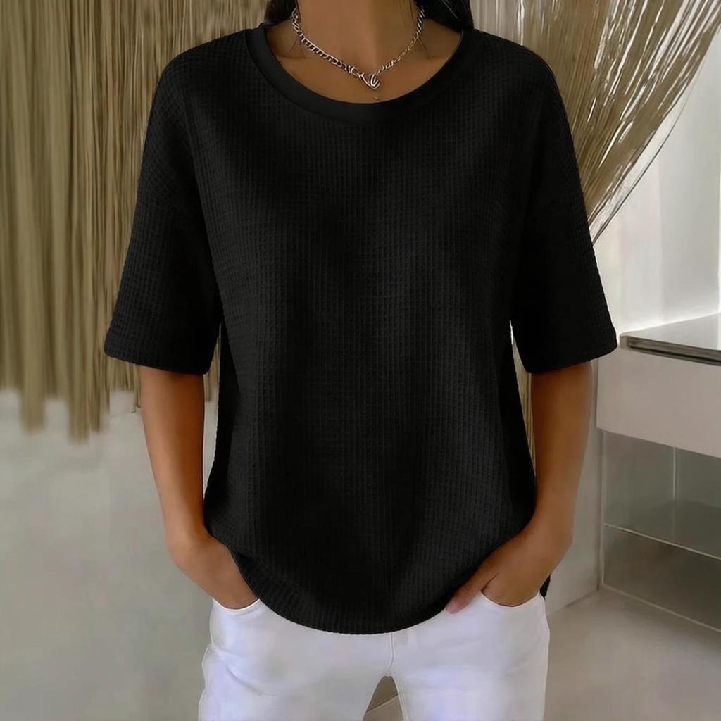 2026 Summer New Fashion: Simple Solid Color Waffle Knit Round Neck Short Sleeve Top