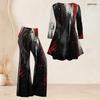 Women Plus Size Black Pink Purple Printed V Neck Three Quarter Sleeve Flared Top Flared Pants Two Piece Set