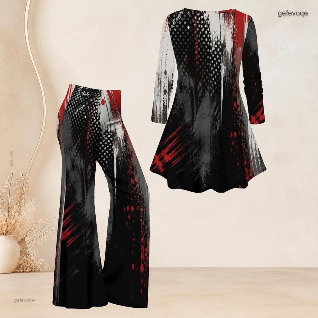 Women Plus Size Black Pink Purple Printed V Neck Three Quarter Sleeve Flared Top Flared Pants Two Piece Set