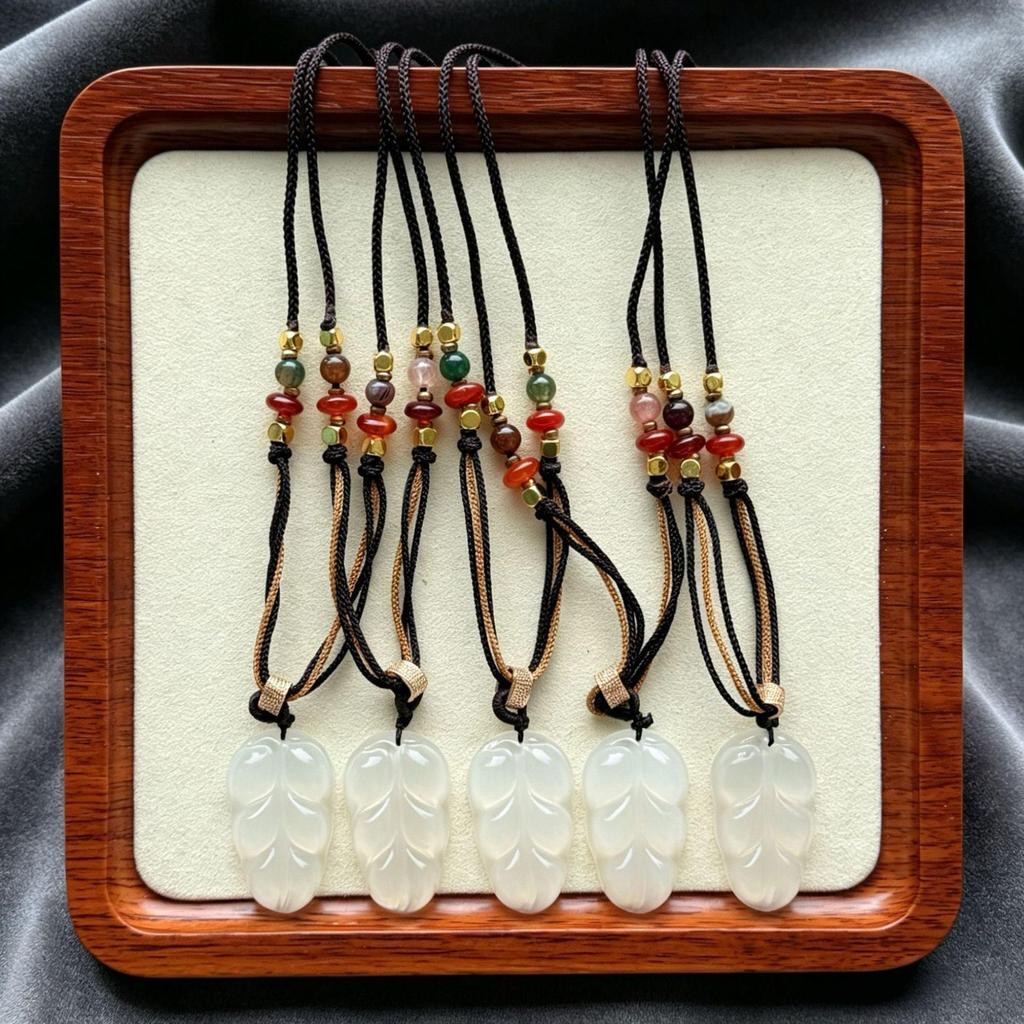 Natural White Chalcedony & Hetian Jade Leaf Pendant Necklace with Adjustable Rope