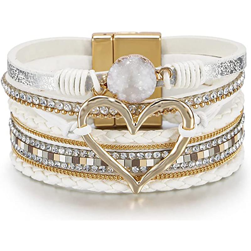 Bracciale Leopardo da Donna, Wrap in Pelle Boho Multi-Strato Perla Cristallo Braccialetto Gioiello
