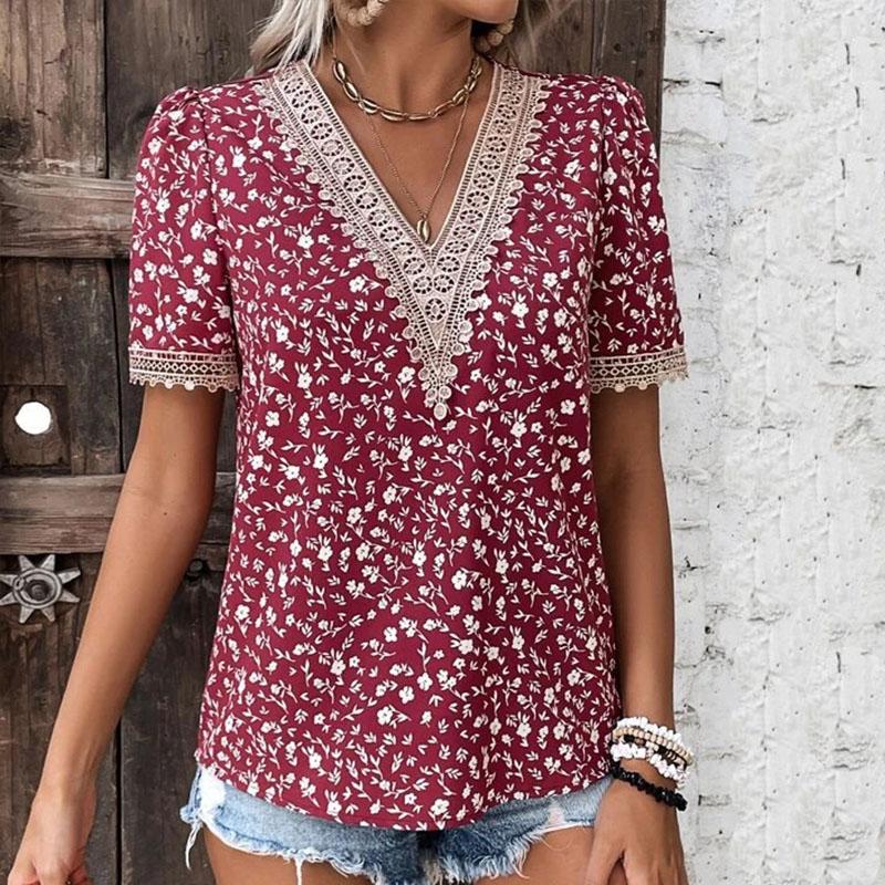 Summer Women's T-shirt Pastoral Fashion Floral Print Lace Collar Short Sleeve Tops